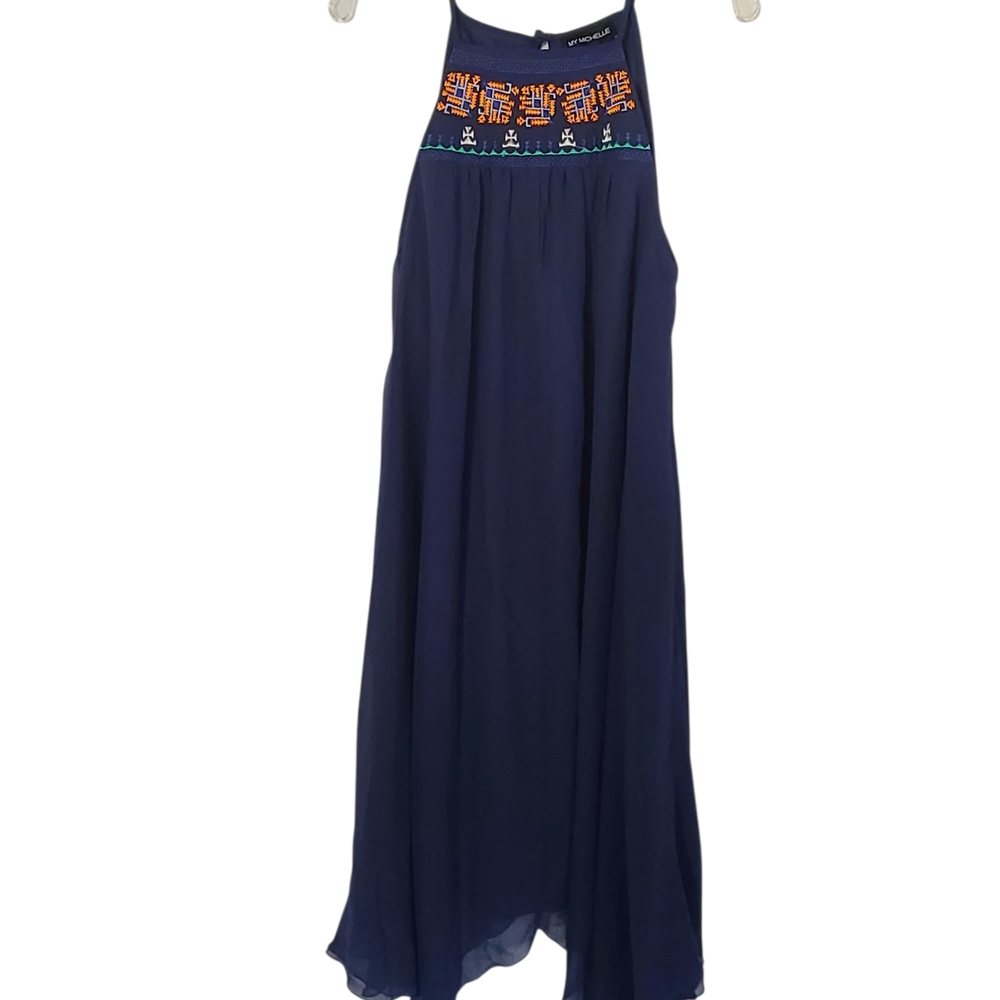 My Michelle Navy Blue Embroidered Sharkbite Dress Boho High-Low M